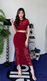 Women Padded Lace Tops With Side Slit Skirts